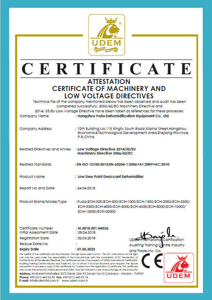 Chiny Hangzhou Fuda Dehumidification Equipment Co., Ltd. Certyfikaty
